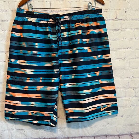 Nike Swim Trunks Repel Shorts Mens XL Mesh Lined Drawstring Blue Stripe Tie Dye - Picture 1 of 7